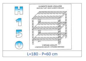 IN-B37018060B Scaffale a 3 ripiani asolati fissaggio a bullone dim cm 180x60x150h