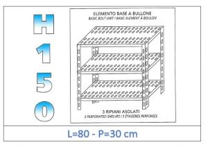 IN-B3708030B Scaffale a 3 ripiani asolati fissaggio a bullone dim cm  80x30x150h