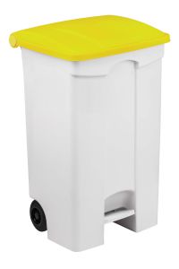 T115096 Contenitore mobile a pedale in plastica bianco coperchio giallo 90 litri (confezione da 3 pezzi)