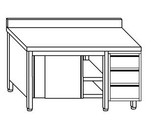 TA4123 Tavolo armadio in acciaio inox con porte su un lato, alzatina e cassettiera DX 180x70x85